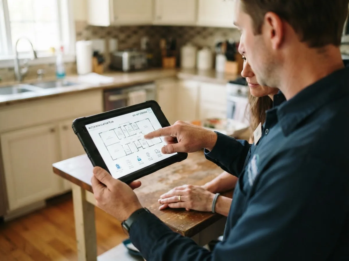 Water damage restoration technician inspecting a home in Ulman, MO
